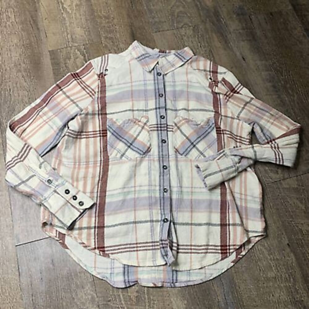 Free People Shirt Womens‎ XS White Plaid Linen Blend Snap Long Sleeves Pockets